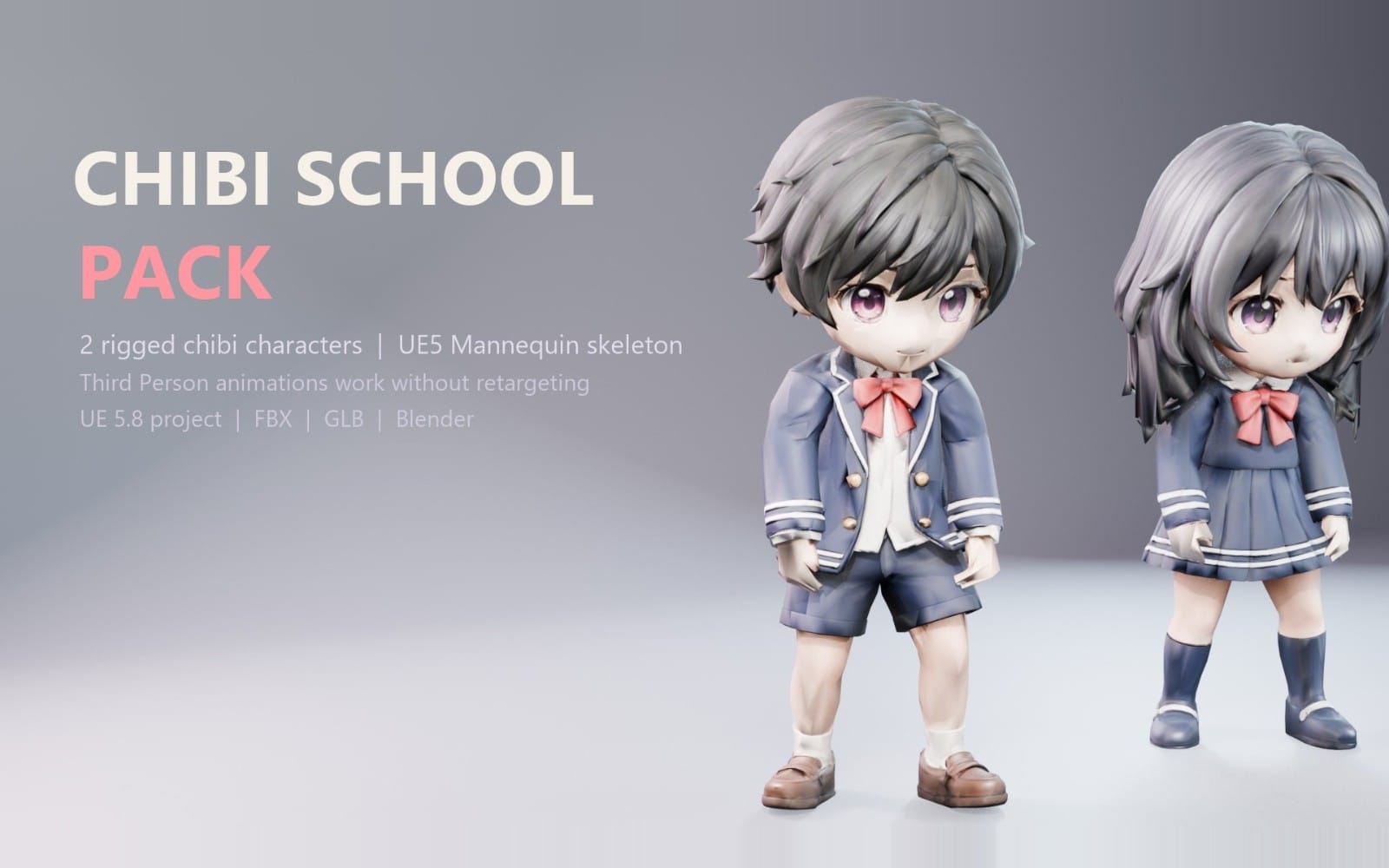 Two rigged chibi school characters in blue suits with bow ties, shown as UE5 mannequin FBX GLB Blender pack preview