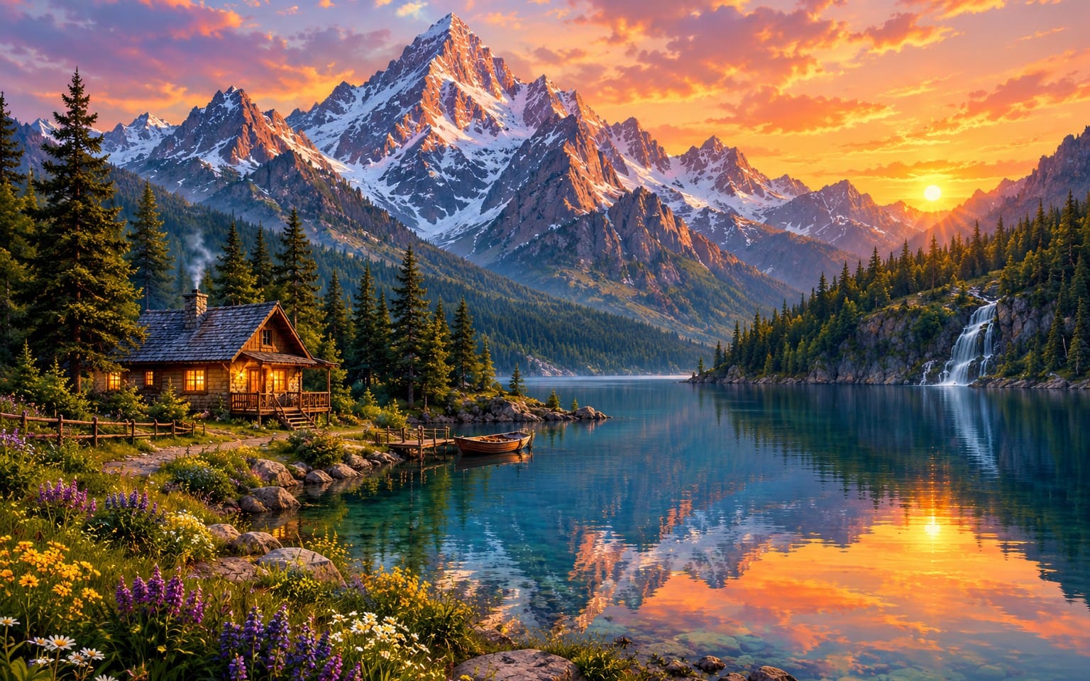 Cozy mountain cabin by a pine forest river at spring sunset with snowy peaks and colorful sky digital artwork