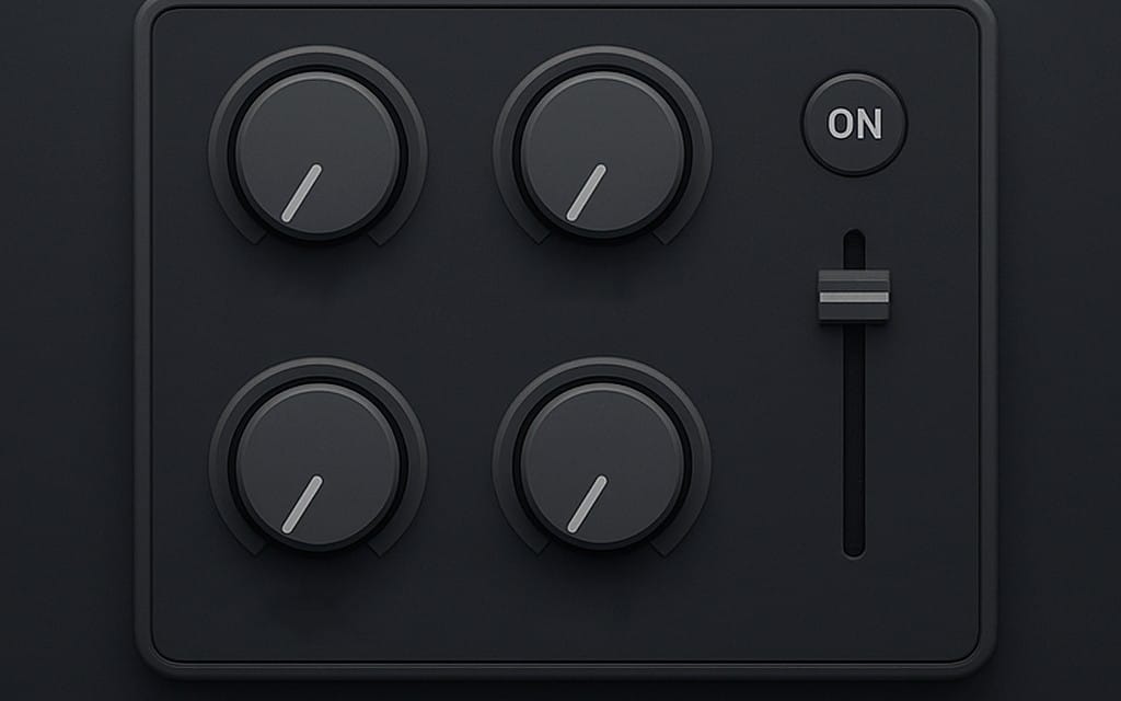 Dark abstract interface with four rotary knobs and an ON toggle, representing a professional VST plugin for DAWs