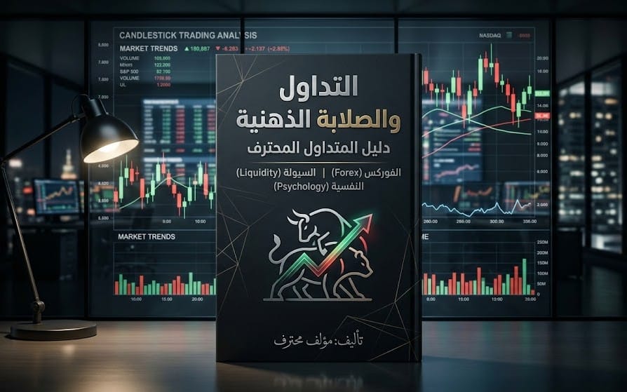 غلاف كتاب تداول بعنوان التداول والصلابة الذهنية مع رسوم ثور ورسوم شموع على خلفية شاشات سوق مالية