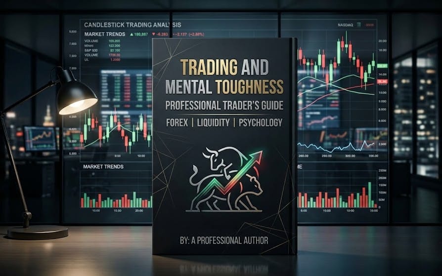 Book cover for Trading and Mental Toughness with bull and bear over stock chart and trading screens