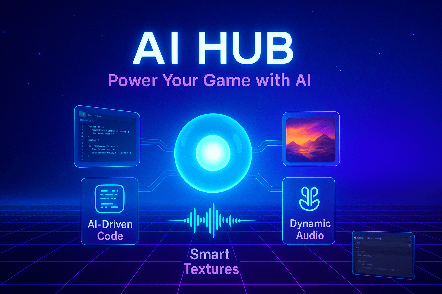 AI Hub Pro banner showing futuristic glowing AI hub, holographic panels, and coding and audio icons on blue grid